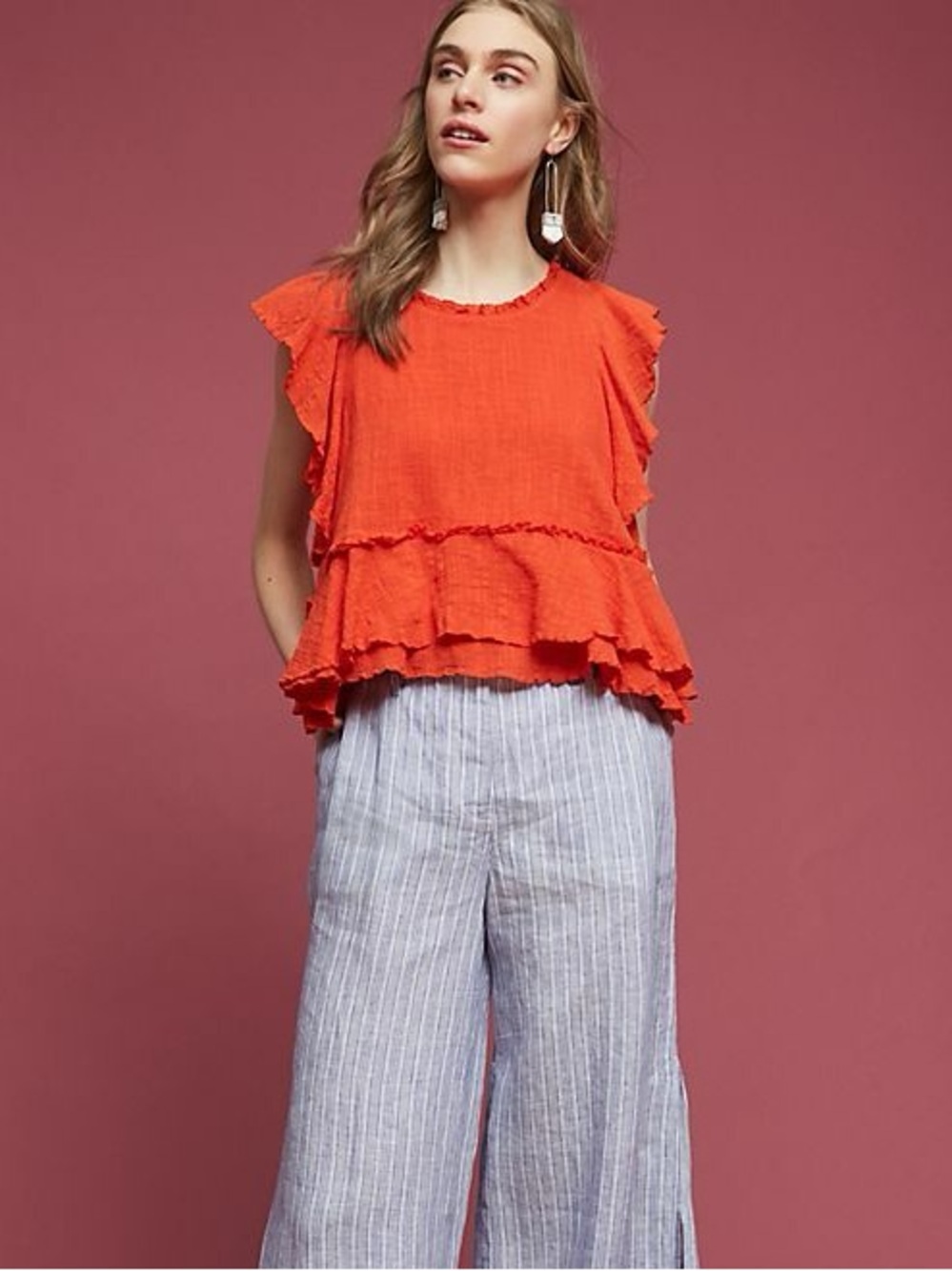 Anthropologie Maeve Flutter Sleeve Ruffle Top in Orange (M)